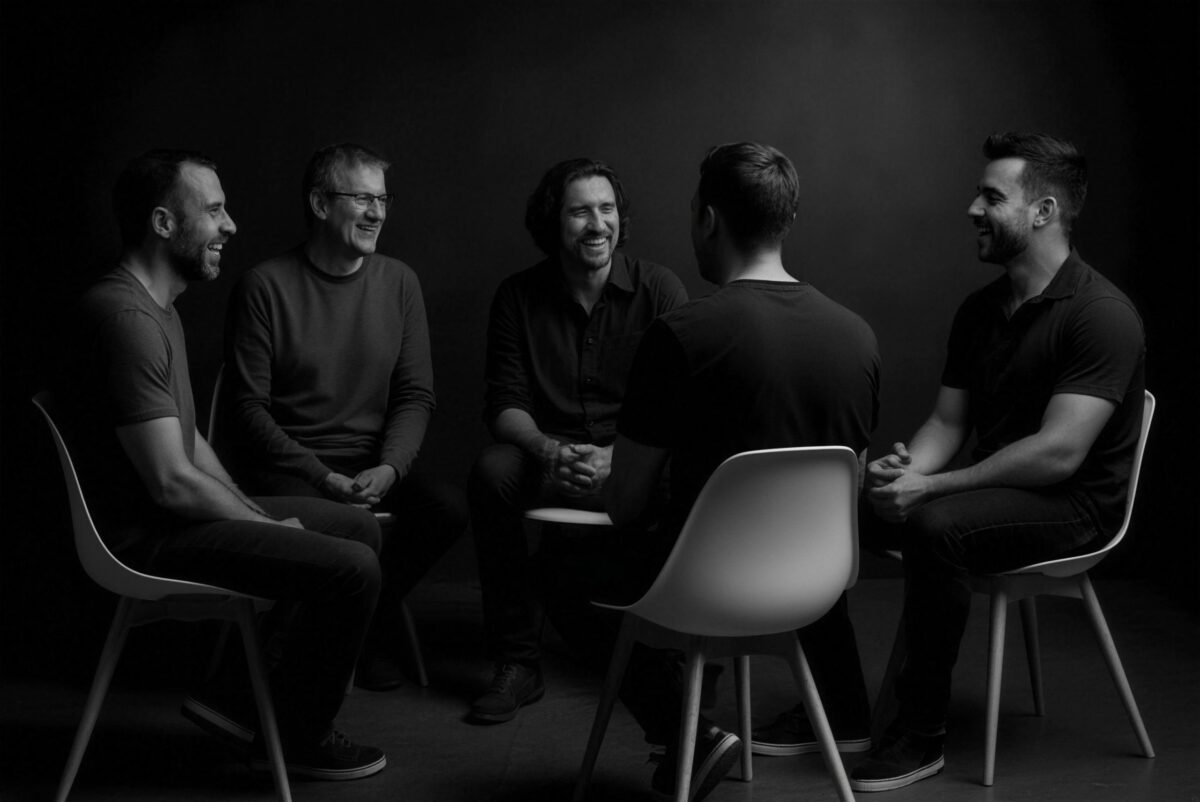 Grupo de hombres conversando y riendo en un círculo de práctica de Inhabita